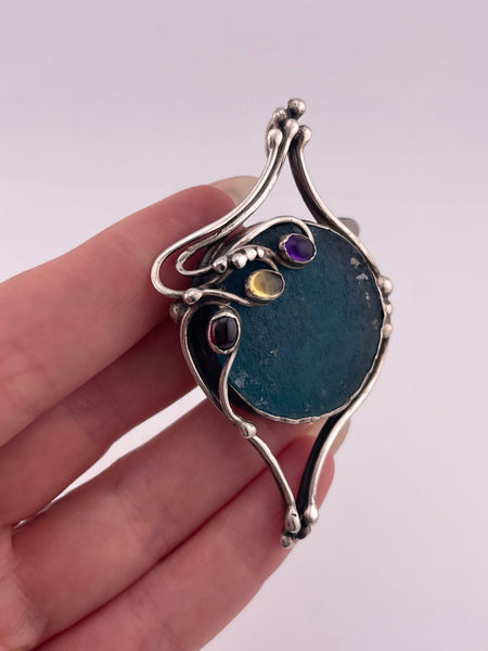 sterling silver Roman glass & multi-stone brooch / pendant