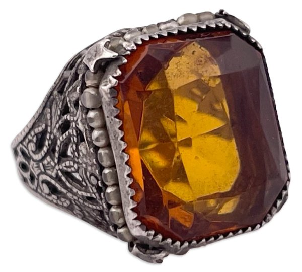 size 3.75 sterling silver faceted orange glass faux pearl ring ***AS IS***