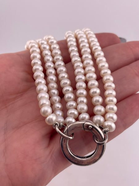 sterling silver component 17" three strand synthetic pearl necklace w/ oversized charm clasp