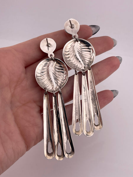 sterling silver large Mexican stoneless fringe post dangle earrings