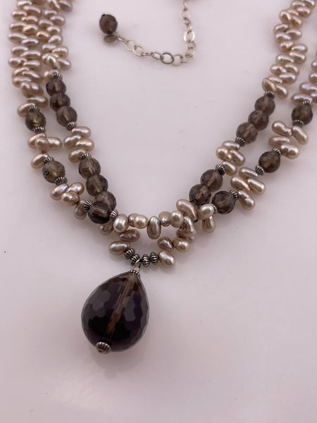 sterling silver component 17" double strand pearl faceted smoky quartz necklace