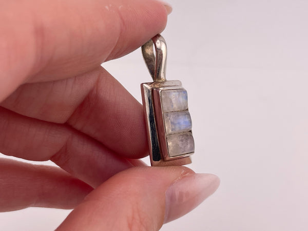 sterling silver 3 stone rainbow moonstone pendant