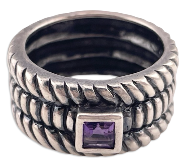 size 6.75 sterling silver wide band faceted amethyst stacked rope ring
