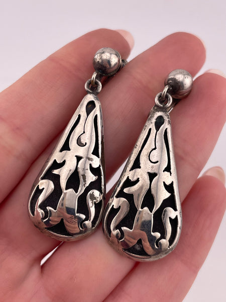 sterling silver Mexican cut-out stoneless screw-back dangle earrings