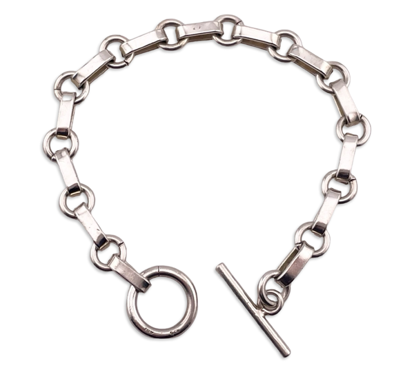 sterling silver stoneless paperclip circle chain link toggle clasp bracelet