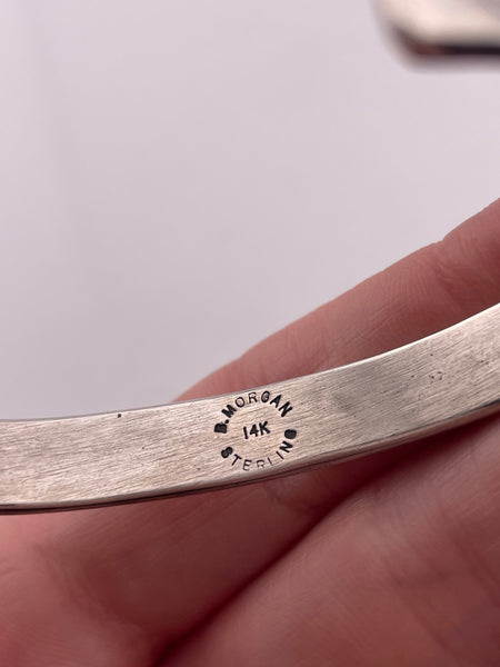 sterling silver & 14k artist signed B Morgan stoneless textured cuff bracelet