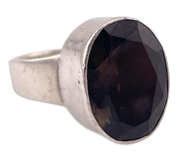size 9 sterling silver chunky heavy faceted smokey quartz ring