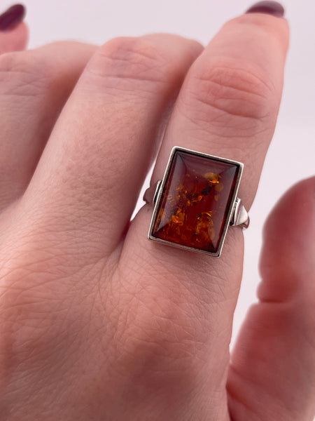 size 7.25 sterling silver shaped rectangle amber ring