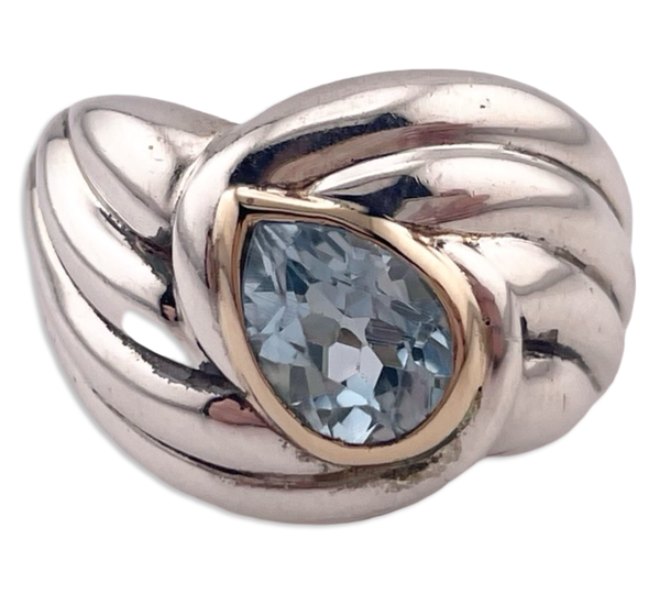 size 7 sterling silver & gold plated faceted blue topaz textured ring