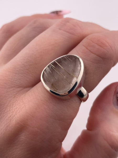 size 7.75 sterling silver pear shape golden rod rutilated quartz ring