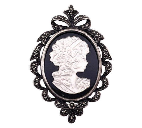 sterling silver onyx plastic cameo marcasite pendant brooch