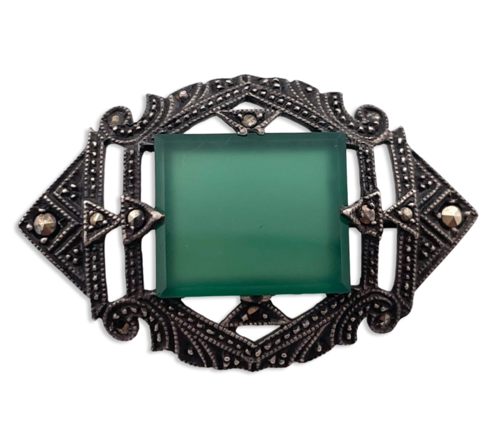 sterling silver Germany chrysoprase marcasite brooch pin