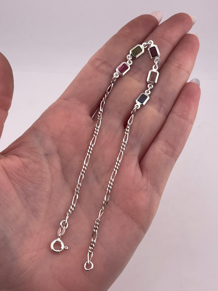 sterling silver 9-1/2" faceted plastic figaro chain link anklet or bracelet