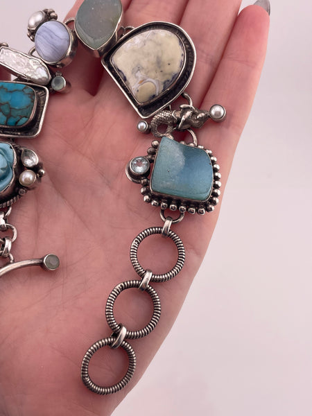 sterling silver 7-1/8" to 8-3/8" multi-stone mermaid link bracelet