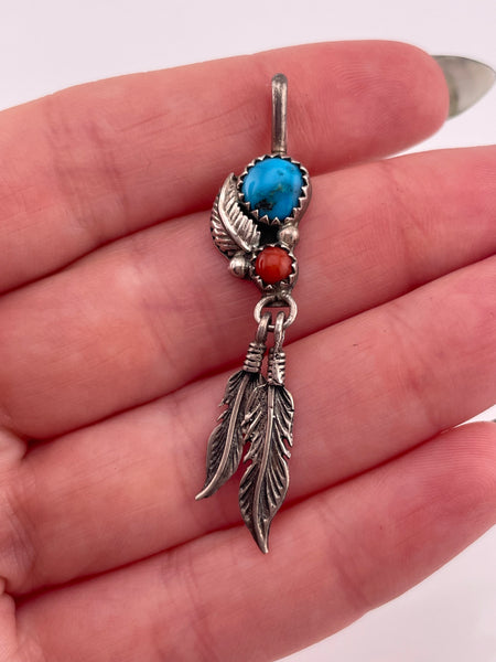 sterling silver turquoise coral feather pendant
