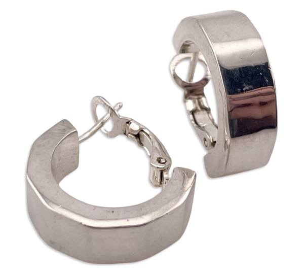sterling silver textured omega back half hoop post earrings