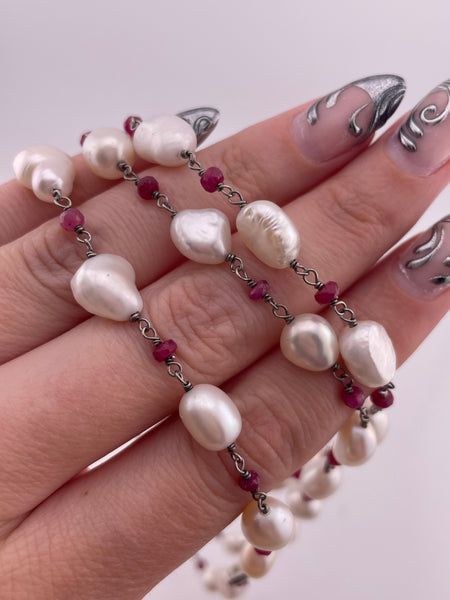 sterling silver 37" pearl faceted spinel necklace