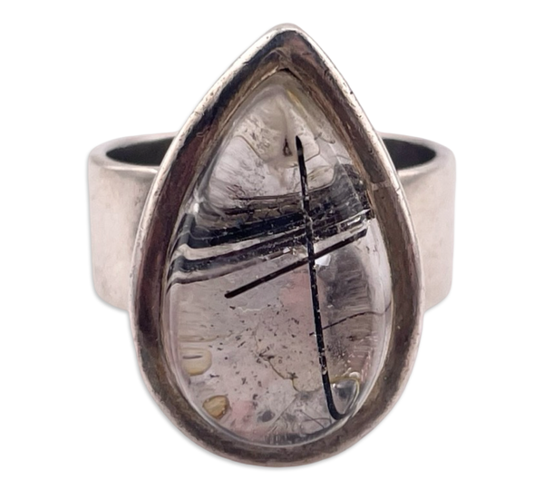 size 7 sterling silver pear shape black rod rutilated quartz adjustable band ring