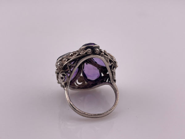size 6.5 sterling silver faceted amethyst flower squiggle swirl ring