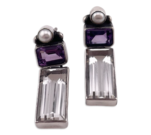 sterling silver faceted quartz amethyst pearl post hinge earrings