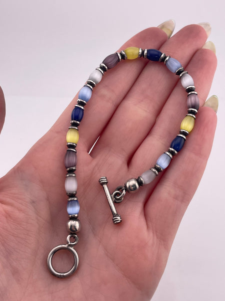 sterling silver 7 3/4" glass cat's eye toggle clasp link bracelet