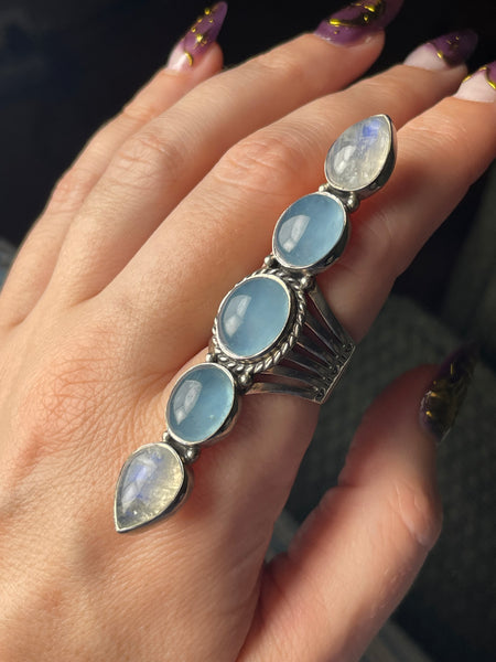 size 8 sterling silver 2-7/8" long blue quartz rainbow moonstone ring