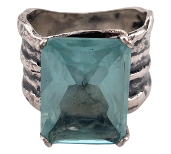 size 7.75 sterling silver designer Silpada chunky blue glass rectangle ring