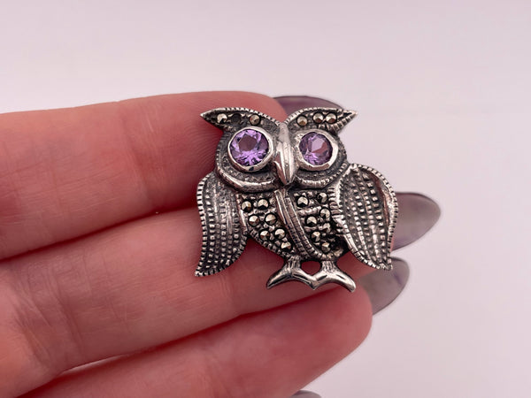 sterling silver faceted amethyst marcasite owl brooch pin ***Missing 1 Marcasite***