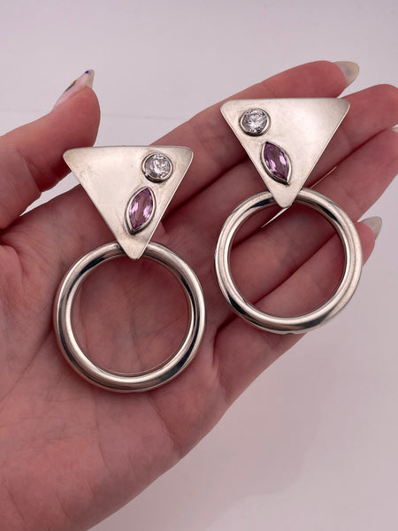 sterling silver large 2-1/2" rhinestone lab ruby triangle circle clip-on earrings
