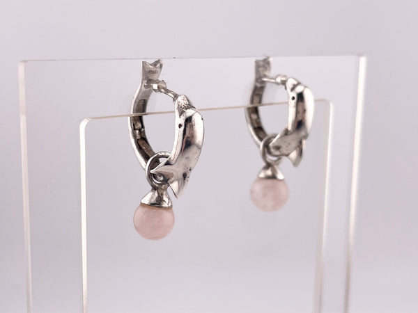 sterling silver rhodium plated dolphin hinge hoops with rose quartz enhancers earrings