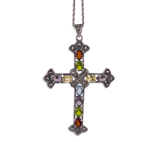 sterling silver large colorful multi-glass marcasite cross pendant necklace
