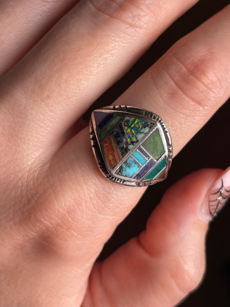 size 8.5 sterling silver multi-stone inlay ring