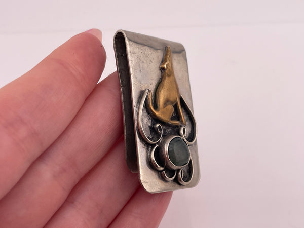 nickel silver & brass howling wolf agate money clip **AS IS**