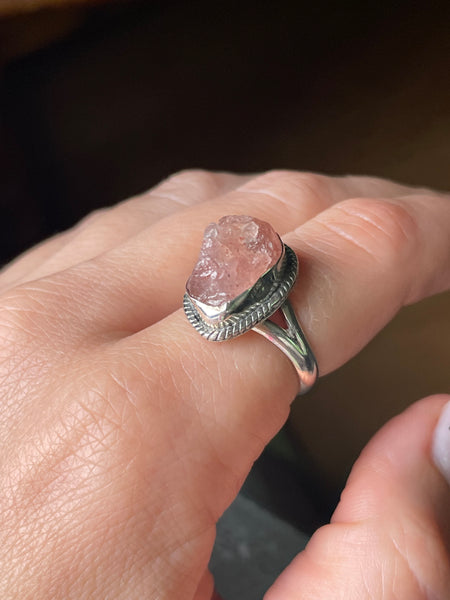 size 7.25 sterling silver raw rose quartz ring