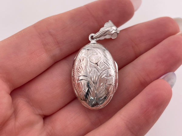 sterling silver rhodium plated oval etched locket pendant ***AS IS***