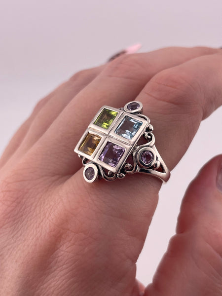 size 8 sterling silver faceted square multi-gemstone ring