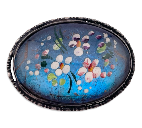 sterling silver butterfly wing painted flowers brooch pin