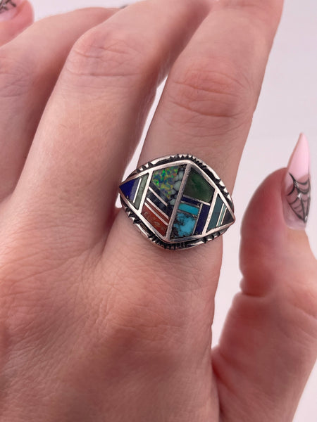 size 8.5 sterling silver multi-stone inlay ring
