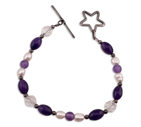 sterling silver 8-1/4" amethyst cultured pearl faceted glass bead star toggle t-bar closure link bracelet