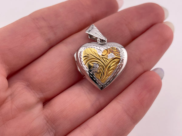 sterling silver gold wash etched heart shape locket pendant