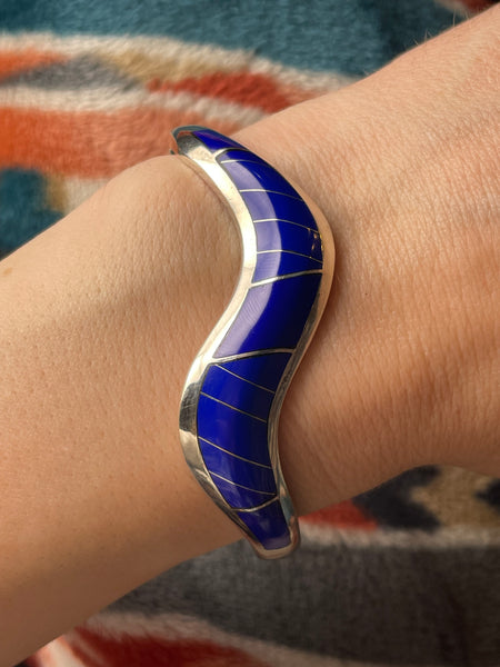 sterling silver Mexican chunky synthetic lapis hinge bangle bracelet