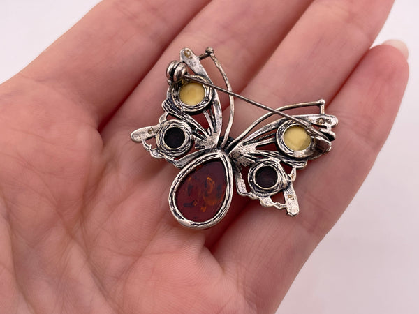 sterling silver amber butterfly pin brooch