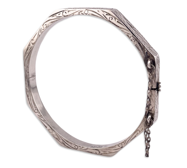 sterling silver 7" etched octagon hinge bangle bracelet