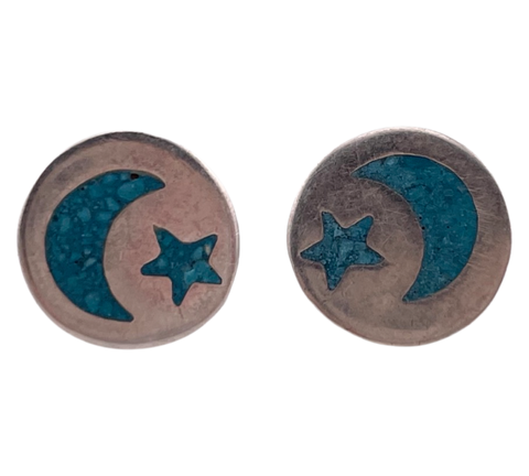 sterling silver crushed turquoise moon & star round post earrings
