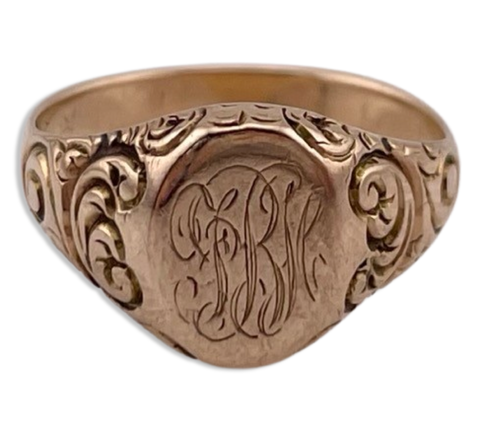size 4 14k yellow rosy gold 'FRM' or 'FBM' initials engraved signet ring