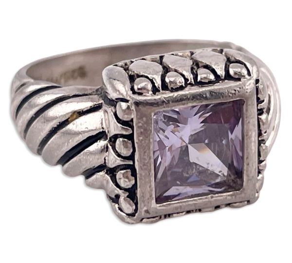 size 7.5 rhodium plated sterling silver square faceted purple glass ring