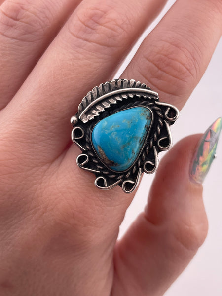 size 7.5 sterling silver turquoise leaf ring