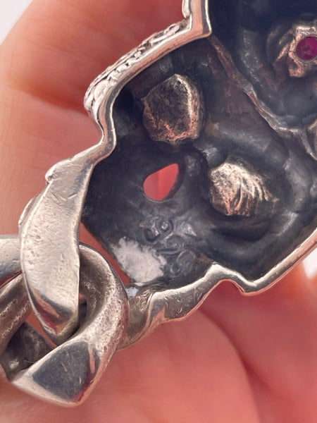 sterling silver chunky heavy skull lab ruby eyes link bracelet