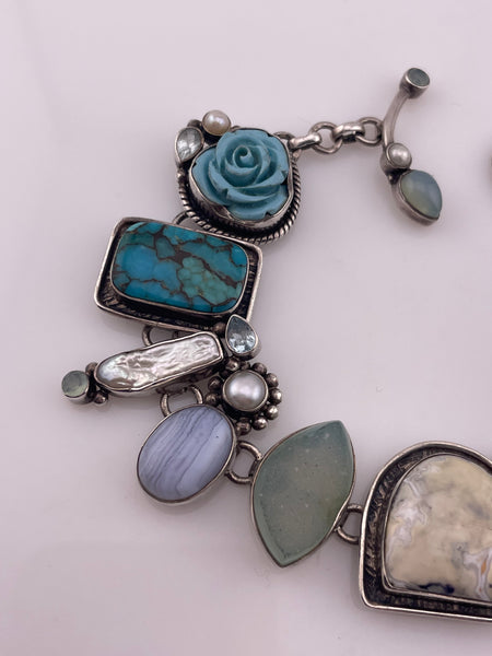 sterling silver 7-1/8" to 8-3/8" multi-stone mermaid link bracelet
