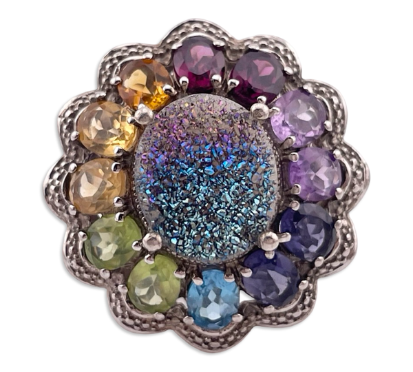 size 9.25 sterling silver faced multi-gemstone druzy doublet heart design ring